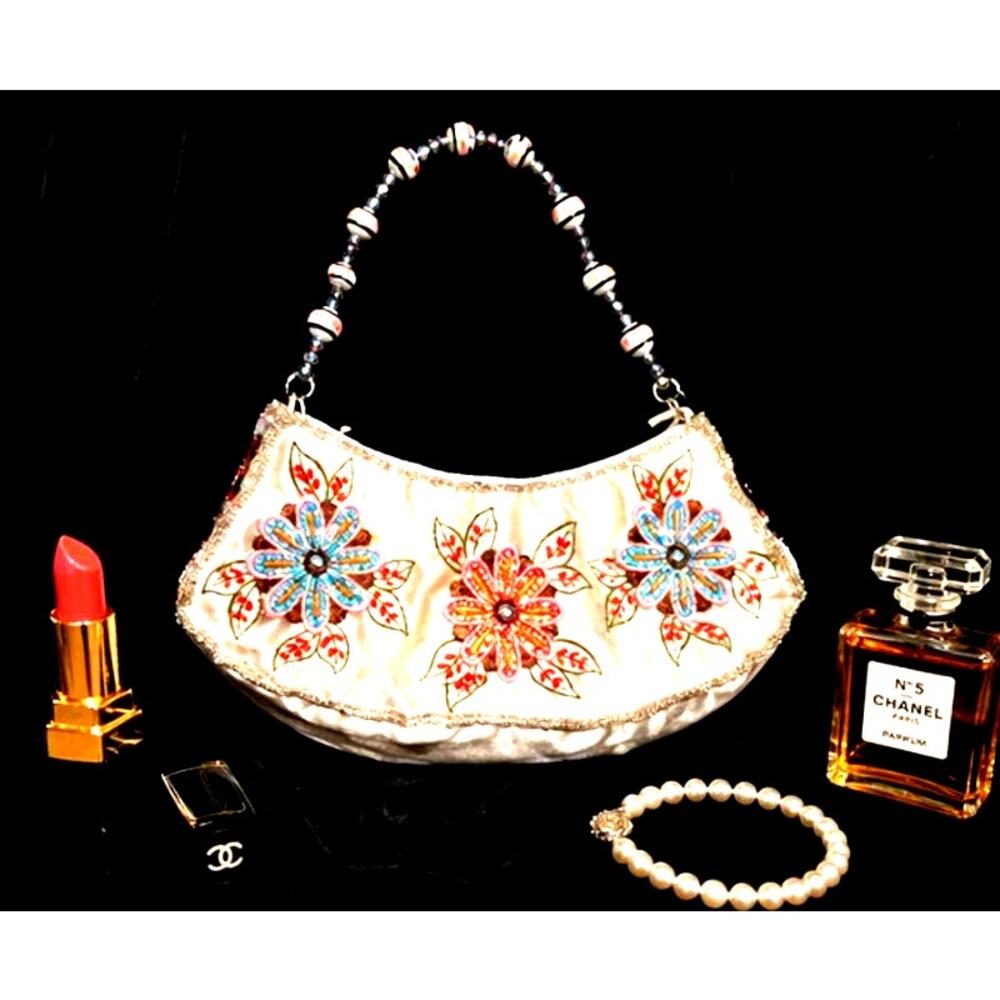 Vintage beaded floral purse ivory embroidered beaded sequin flower accessory bag